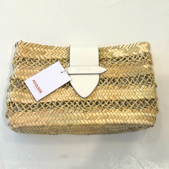 POOLSIDE Handbags - Poolside Natural Woven Straw Clutch with White Leather Trim